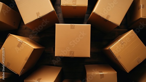 Aerial view of multiple cardboard boxes arranged in a clustered pattern, showcasing their uniformity and potential for shipping or storage.