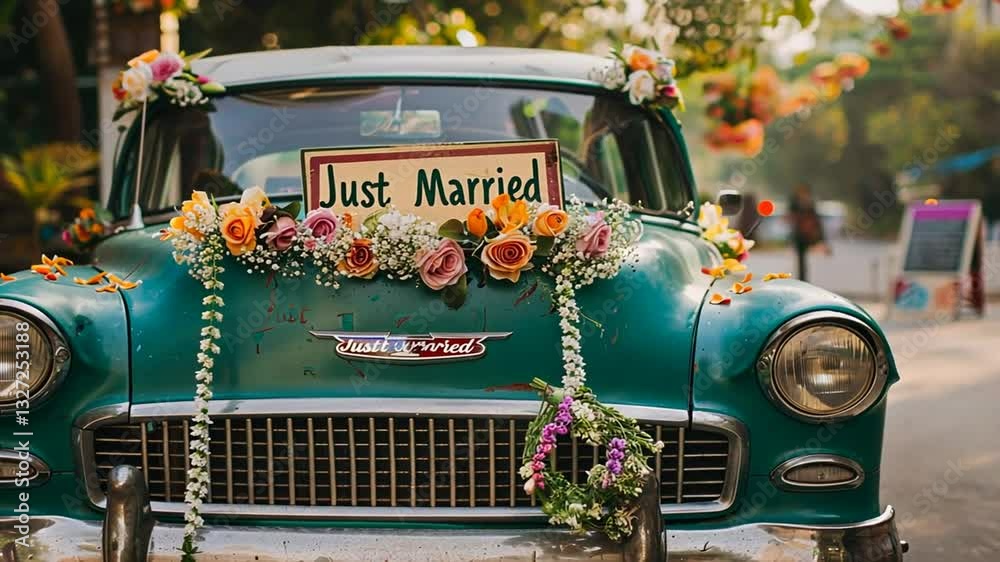 Oldtimer Hochzeitsauto mit Just Married Schild und Blumen