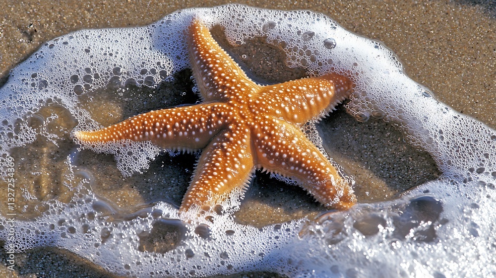 Vibrant Orange Starfish on Sandy Beach with Foamy Ocean Waves Surrounding It Vibrant Orange Starfish on Sandy Beach with Foamy Ocean Waves Surrounding It