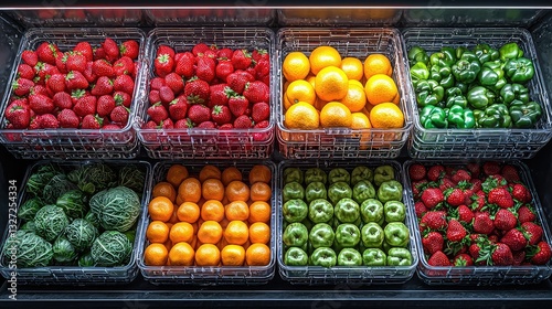 Fresh Produce Display in Supermarket Refrigerated Section Showing Strawberries Oranges Green Peppers Cabbage and Mandarin Oranges in Organized Clear Bins