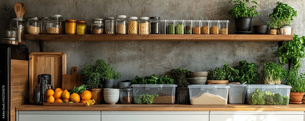 Fototapeta premium A zerowaste kitchen, with reusable containers, compost bins, and fresh produce