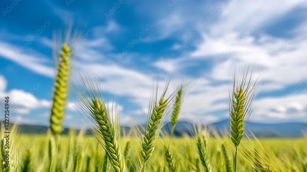 Vibrant green wheat field under a broad sky with stunning clouds showcasing nature's beauty : Generative AI Vibrant green wheat field under a broad sky with stunning clouds showcasing nature's beauty : Generative AI