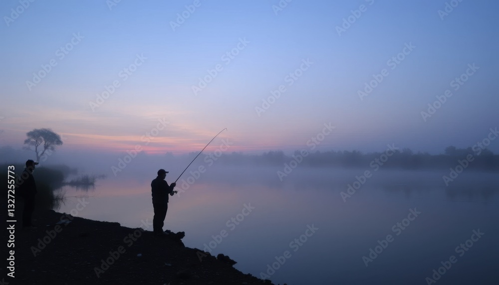 Serene Sunrise Fishing Fisherman Silhouette on Misty River Serene Sunrise Fishing Fisherman Silhouette on Misty River