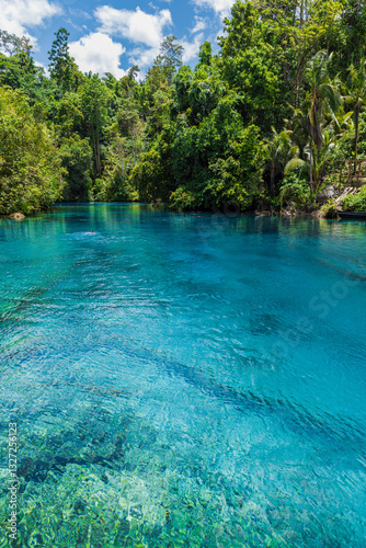Lake with crystal fresh water in tropical forest in Indonesia. Remote destination