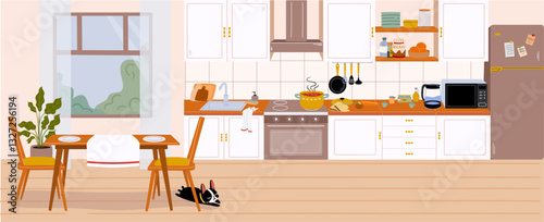 The interior of the kitchen is furnished. Furniture design. Inspiring kitchen interior design, dining area in the house, kitchen utensils.