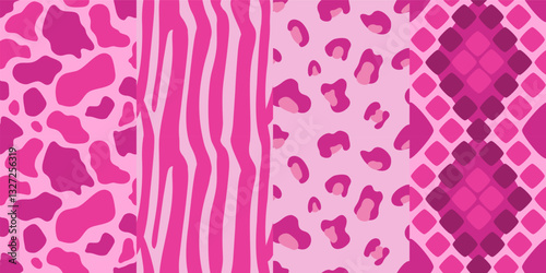 A set of seamless pink patterns with an animalistic print. The pattern is leopard, zebra, cow, snake.