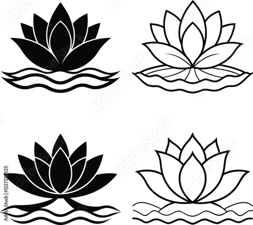 Water Lily Designs Black, White, Simple, Elegant, Floral Illustrations