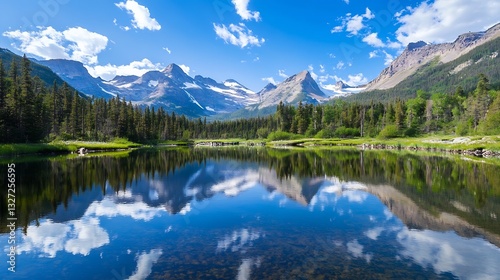 Breathtaking mountain landscape with clear blue skies and a reflective lake surrounded by lush green forests : Generative AI