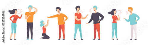 People Fighting and Quarreling Making Loud Public Scandal Vector Set