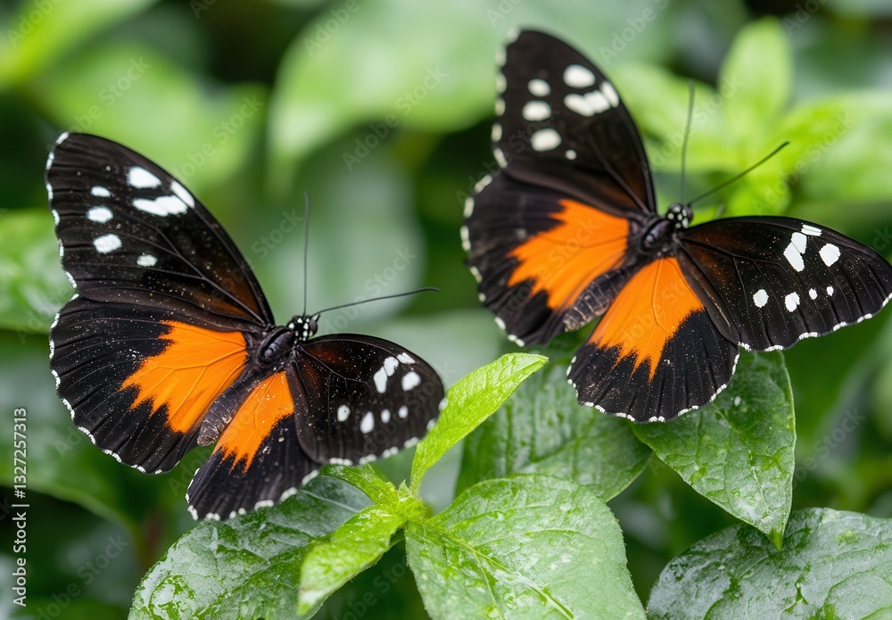 Fototapeta premium Two vibrant orange and black butterflies rest on lush green leaves, showcasing their striking wing patterns.