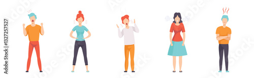 Angry and Furious People Characters Shouting and Steaming Vector Set