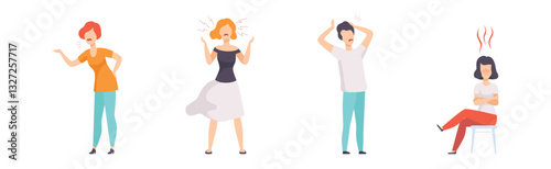 Angry and Furious People Characters Shouting and Steaming Vector Set