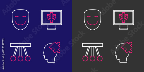 Set line Solution to the problem, Pendulum, Psychologist online and Comedy theatrical mask icon. Vector