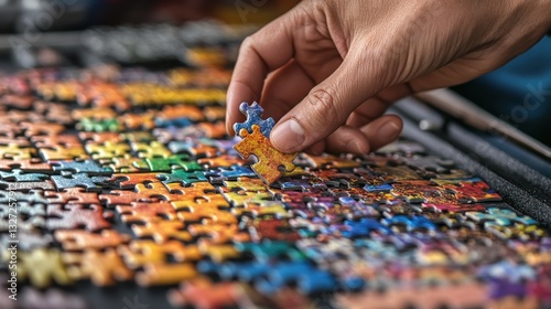 Person placing puzzle piece, colorful jigsaw, home setting, focus on assembly