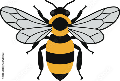 Detailed illustration of a bumblebee with black and yellow stripes in flat vector art style, showcasing its wings and body features vividly in a natural setting