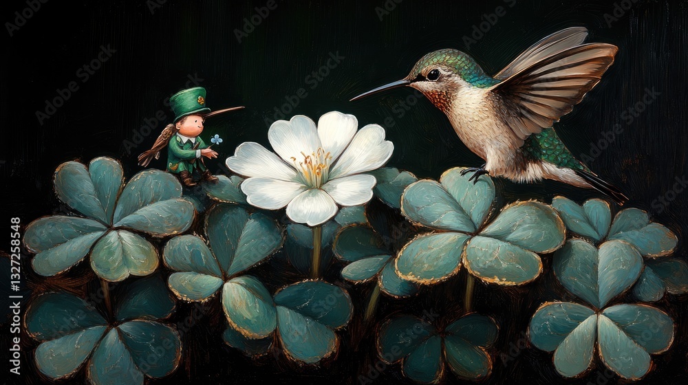 Naklejka premium Hummingbird and Leprechaun by Flower, Clover. Stock Photo