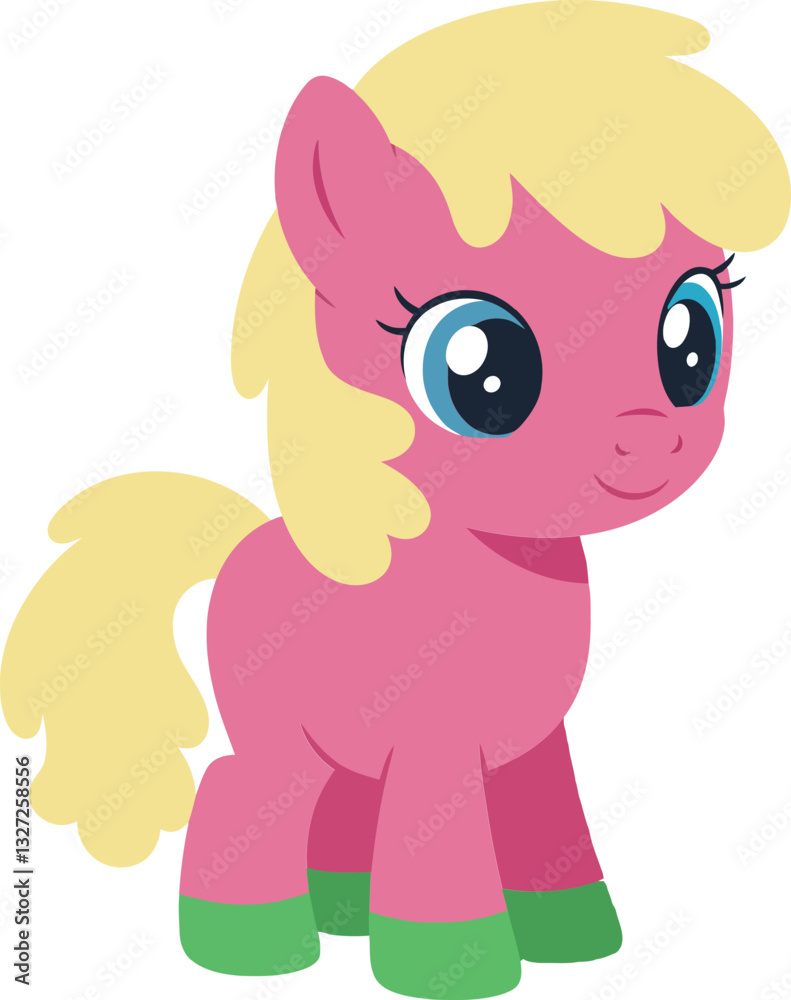 Fototapeta premium Cute pink pony with blonde mane and green hooves in a flat design style, showcasing a playful and cheerful expression, vector art