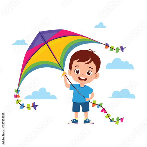 Kite playing childhood games cartoon design, vector illustration.