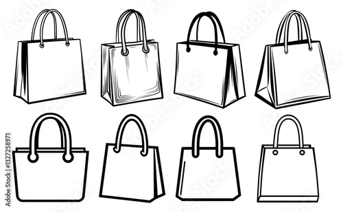Vector set of paper shopping bag icons. Black outline illustrations