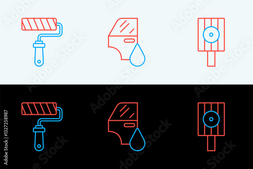 Set line Spray can nozzle cap, Paint roller brush and Car painting icon. Vector