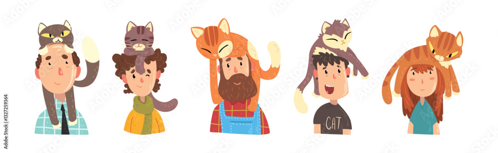 Fototapeta premium Man and Woman Pet Owner with Cat on Their Head Vector Set