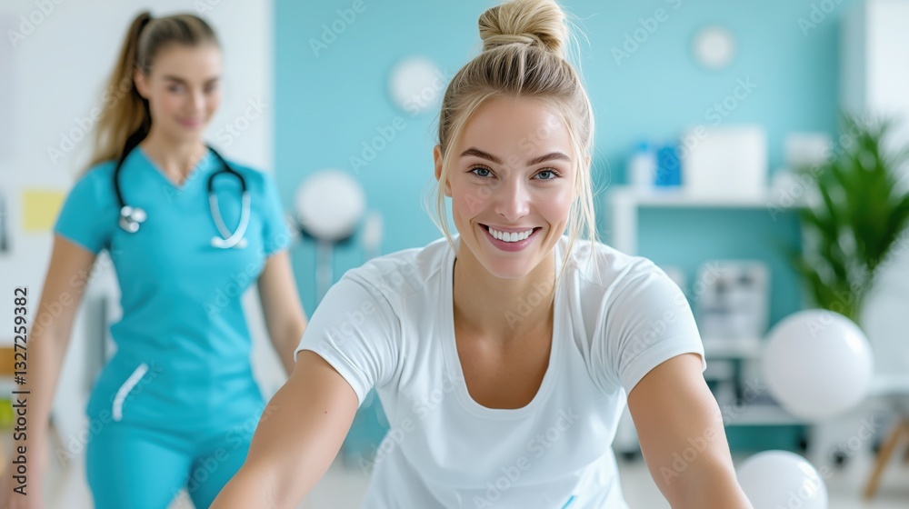 Fototapeta premium Smiling woman in physical therapy session with supportive medical professional in a bright rehabilitation center, promoting health, recovery, and wellness. Copy space