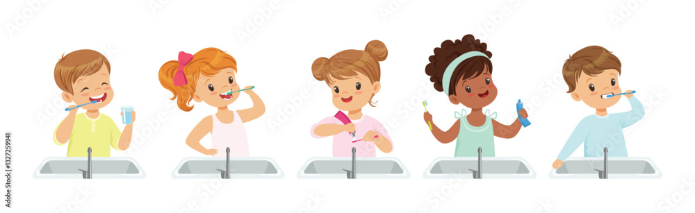 Kids Brushing Teeth with Toothpaste and Toothbrush Vector Set Kids Brushing Teeth with Toothpaste and Toothbrush Vector Set