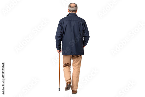 Senior man walking with cane, back view, isolated on transparent background