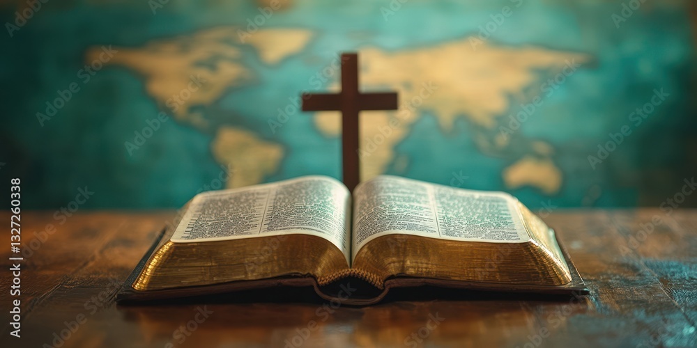 Open Bible with Cross and World Map in Background During Quiet Reflection Open Bible with Cross and World Map in Background During Quiet Reflection