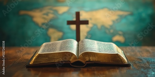 Open Bible with Cross and World Map in Background During Quiet Reflection