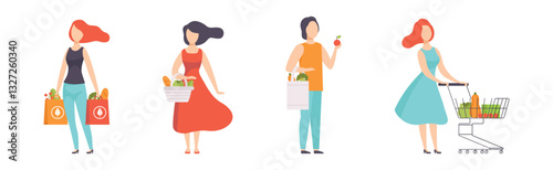 People Buy Fresh Market Food and Goods Carry Bag Vector Set