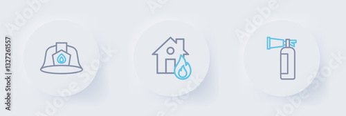 Set line Fire extinguisher, burning house and Firefighter helmet icon. Vector
