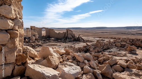 Archaeological ruins with crumbling stone structures against a clear blue sky in a barren landscape : Generative AI photo