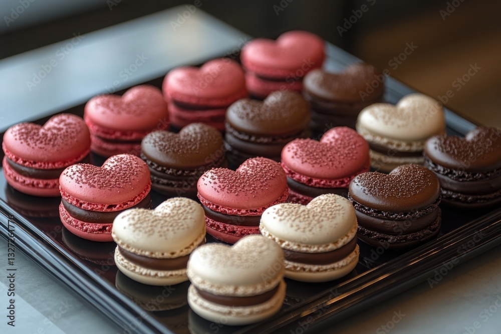 Fototapeta premium Heart-shaped macarons on display with delicate toppings and creamy chocolate filling on a black tray