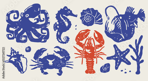 Marine, ocean life. Underwater sea creatures set. Octopus, seahorse, nautilus shell, angler fish, crab, lobster, starfish, coral. Hand drawn modern Vector illustration. Isolated design elements