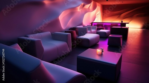 Modern lounge area with bar, vibrant lighting