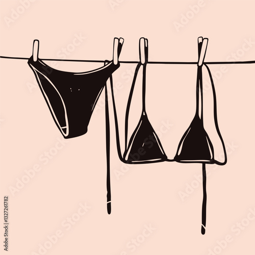 Women's bra and panties hanging on a rope. Swimwear or underwear, lingerie hanging and drying. Hand drawn modern Vector illustration. Isolated design element. Logo, icon, print template