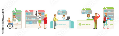 People Character at Pharmacy Store Choosing And Buying Drugs Vector Set