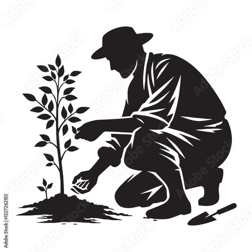 Elderly Farmer Old Man Gardening silhouette, embracing the joy of harvest - Old Man illustration - Minimalist Old Man vector - Seasoned grower
