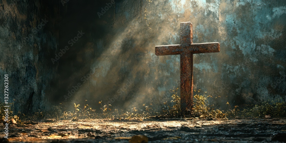 Fototapeta premium Cross surrounded by mist and nature in an abandoned location during golden hour light