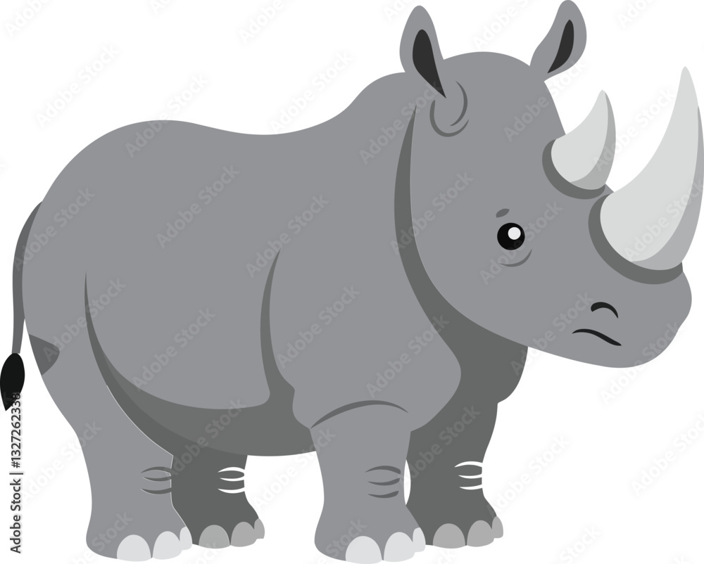 Grey rhinoceros standing calmly in a minimalist style, showcasing its distinct features in flat vector art Grey rhinoceros standing calmly in a minimalist style, showcasing its distinct features in flat vector art