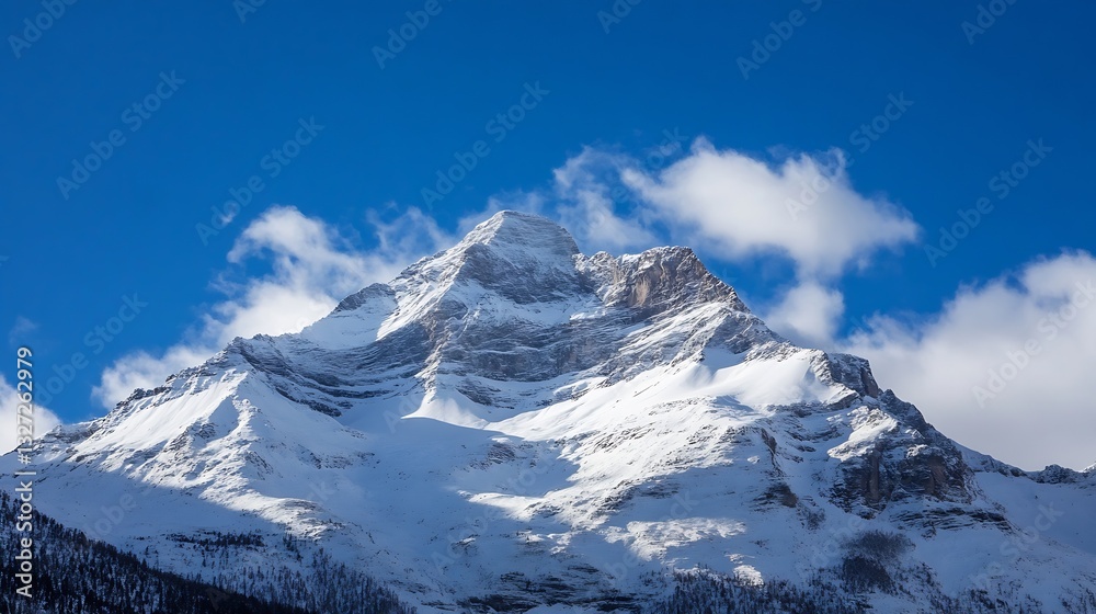 Obraz premium A stunning view of a snowcapped mountain peak under a bright blue sky with fluffy clouds : Generative AI