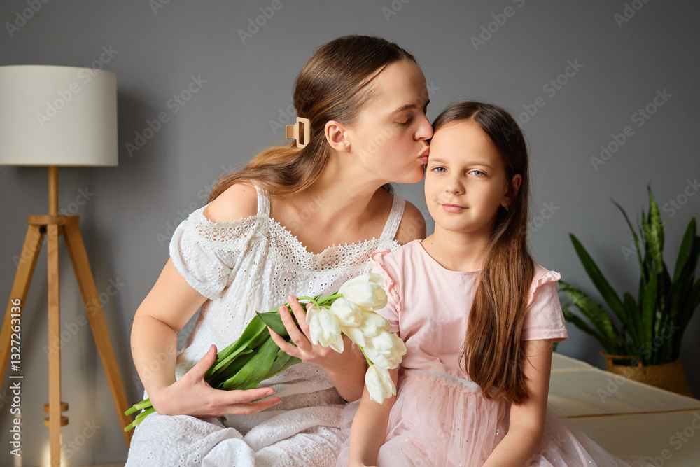 Obraz premium A mother kisses her daughter on the cheek while sitting together in a cozy room. The mother holds a bouquet of white tulips, creating a warm, affectionate atmosphere