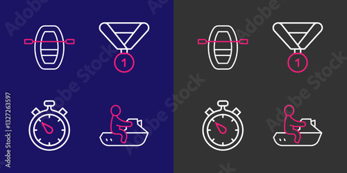 Set line Jet ski, Stopwatch, Medal and Boat with oars icon. Vector