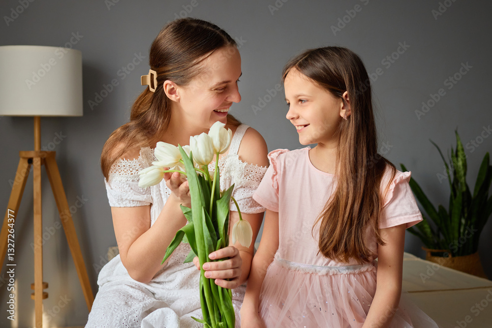 Obraz premium Two young sisters share a warm moment in a bright living room. One sister holds a bouquet of tulips while they exchange smiles and laughter, creating a cheerful atmosphere