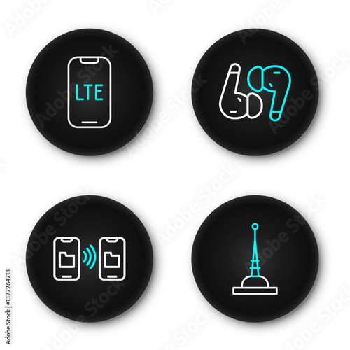 Set line Antenna, Data transfer and storage, Air headphones and LTE network icon. Vector