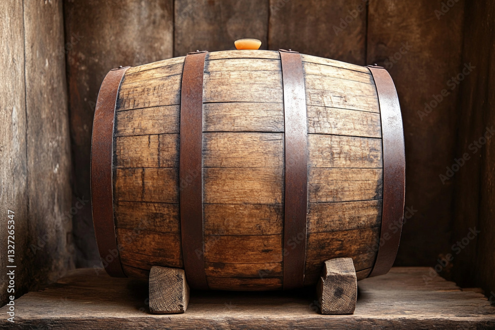 Wooden barrel with Scotch whiskey in the cellar Wooden barrel with Scotch whiskey in the cellar