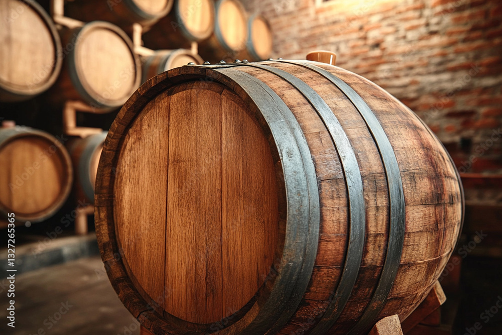 Wooden barrel with Scotch whiskey in the cellar Wooden barrel with Scotch whiskey in the cellar
