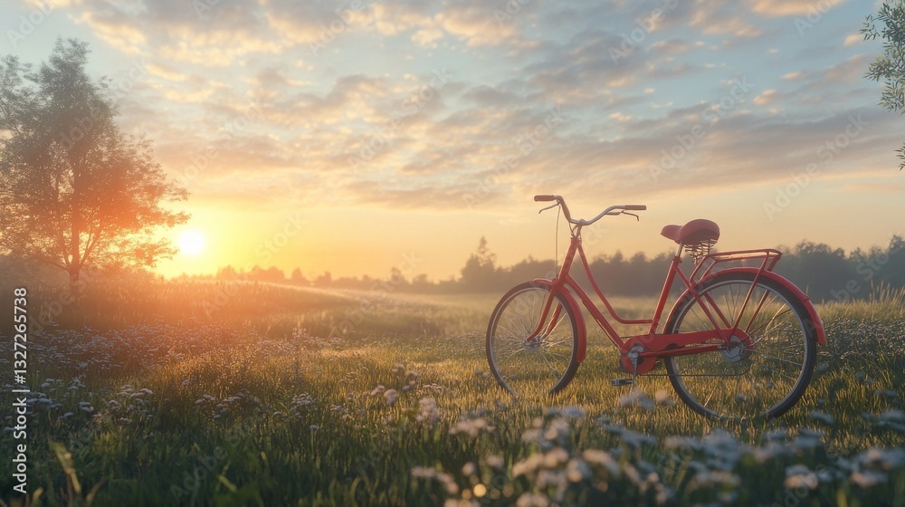 Fototapeta premium A beautiful red bike in the countryside. The sun is rising in the background 