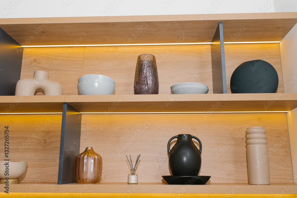 Stylish Decorative Items On Wooden Shelves